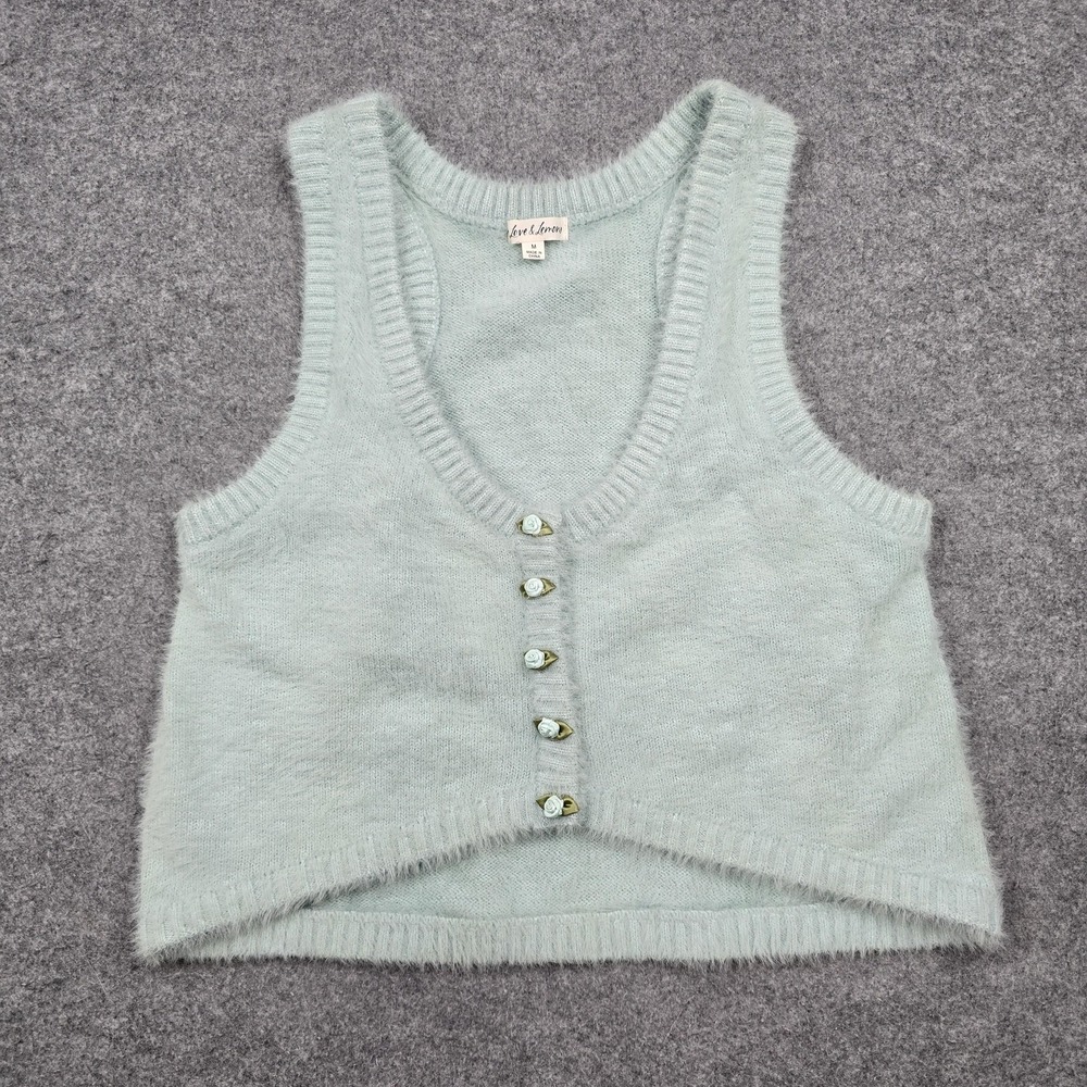 For Love & Lemons Sweater Vest Womens Medium Green Fuzzy Knit Rose Buttons